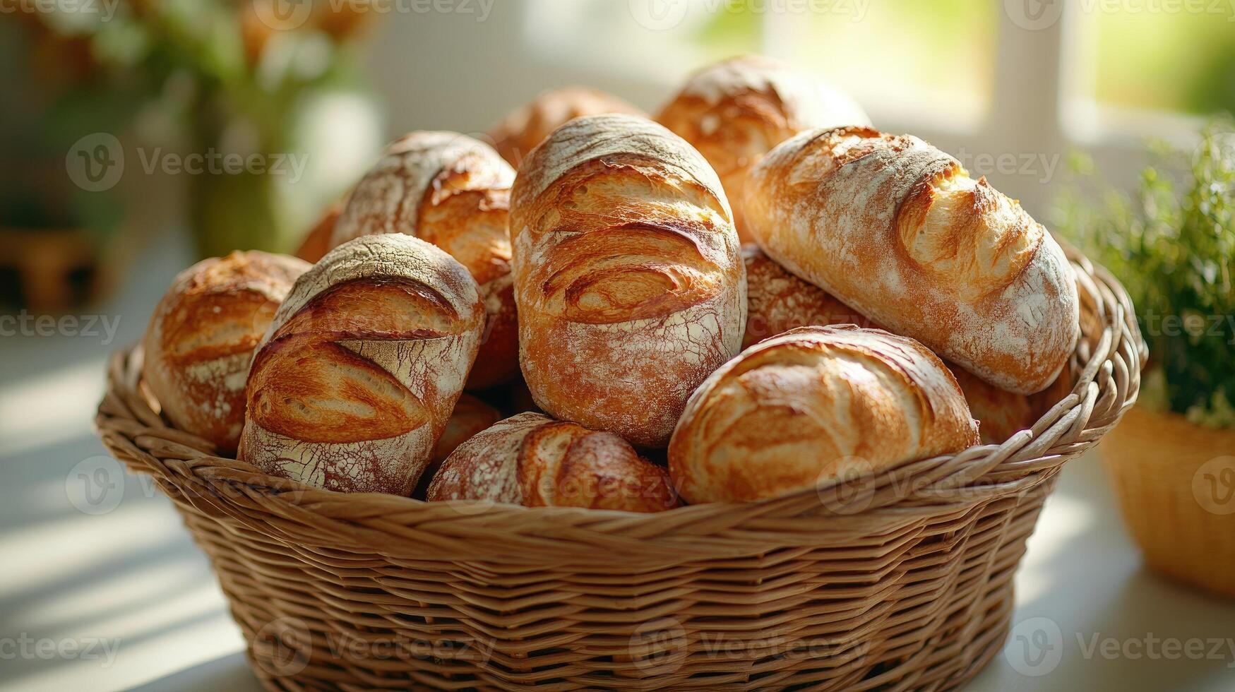Freshly baked baguettes resting in wicker basket by window. photo