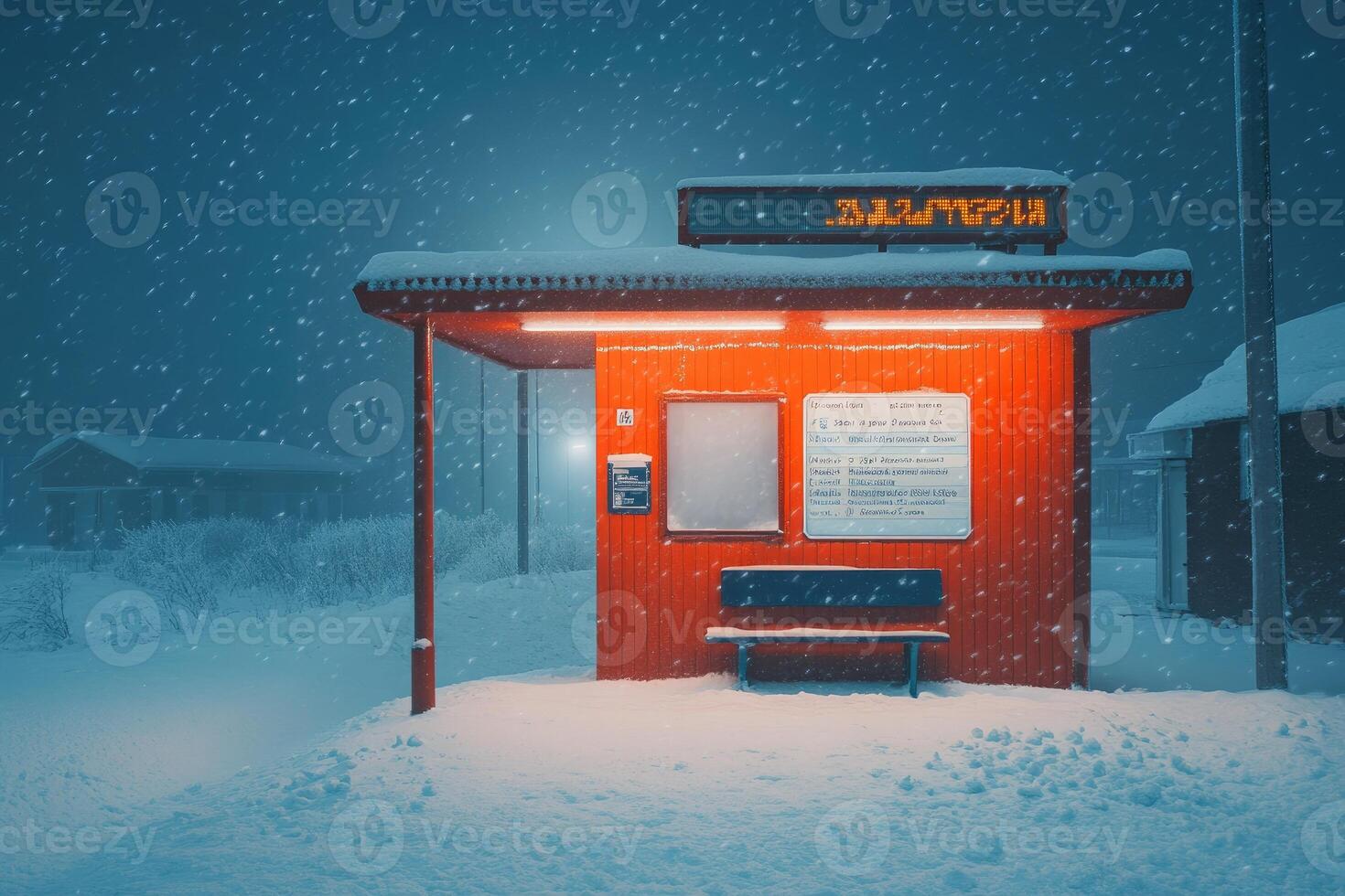 Empty bus stop covered in snow during a blizzard at night photo