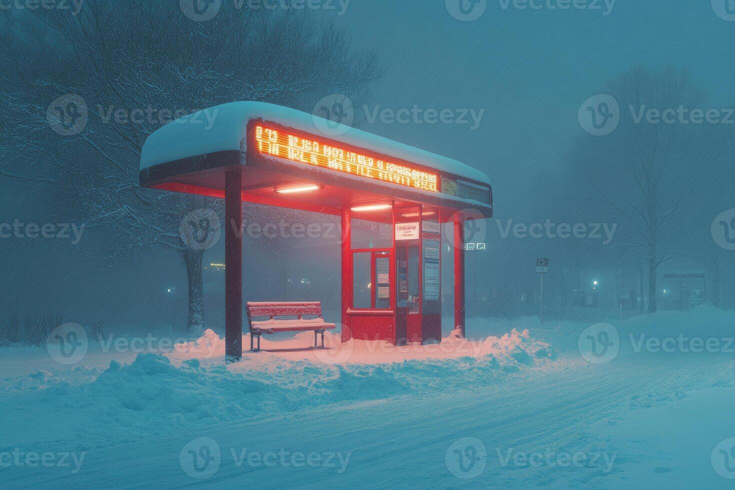 Snow-covered bus stop displaying schedule information at night photo
