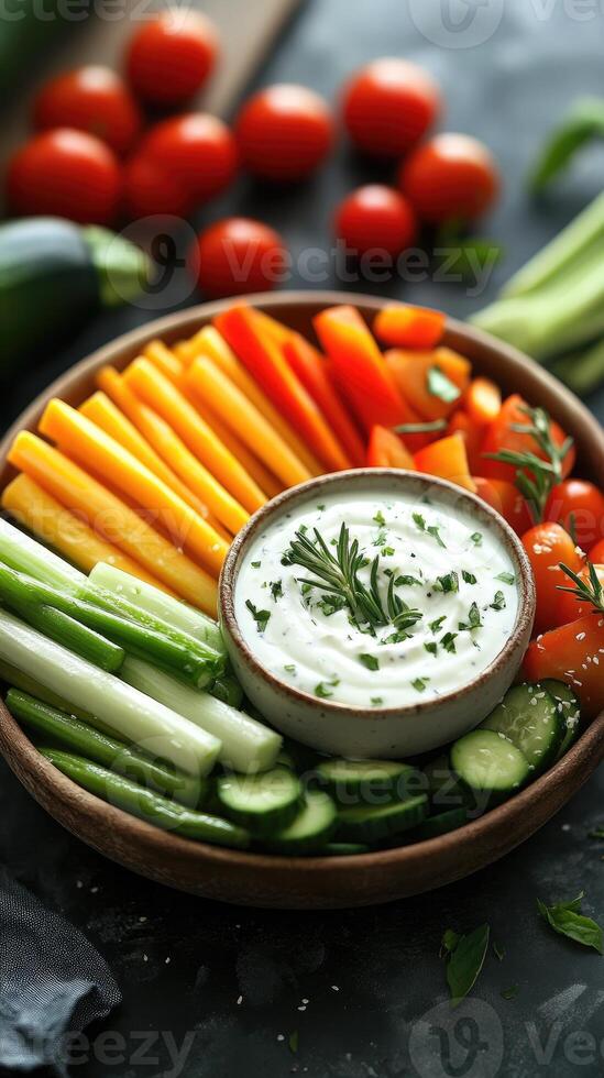 Wooden bowl with fresh vegetables and yogurt dip decorated with rosemary for healthy snacking photo