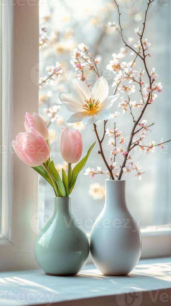 Spring flowers decorating a bright windowsill photo