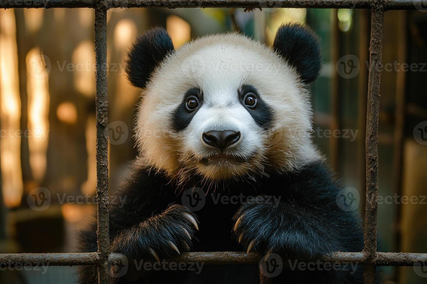 Cute baby panda holding cage bars in enclosure photo