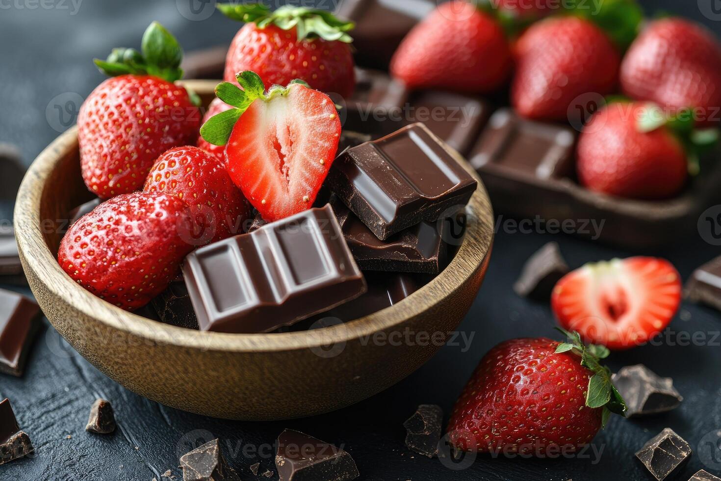 Fresh strawberries and dark chocolate chunks in wooden bowl on dark background photo