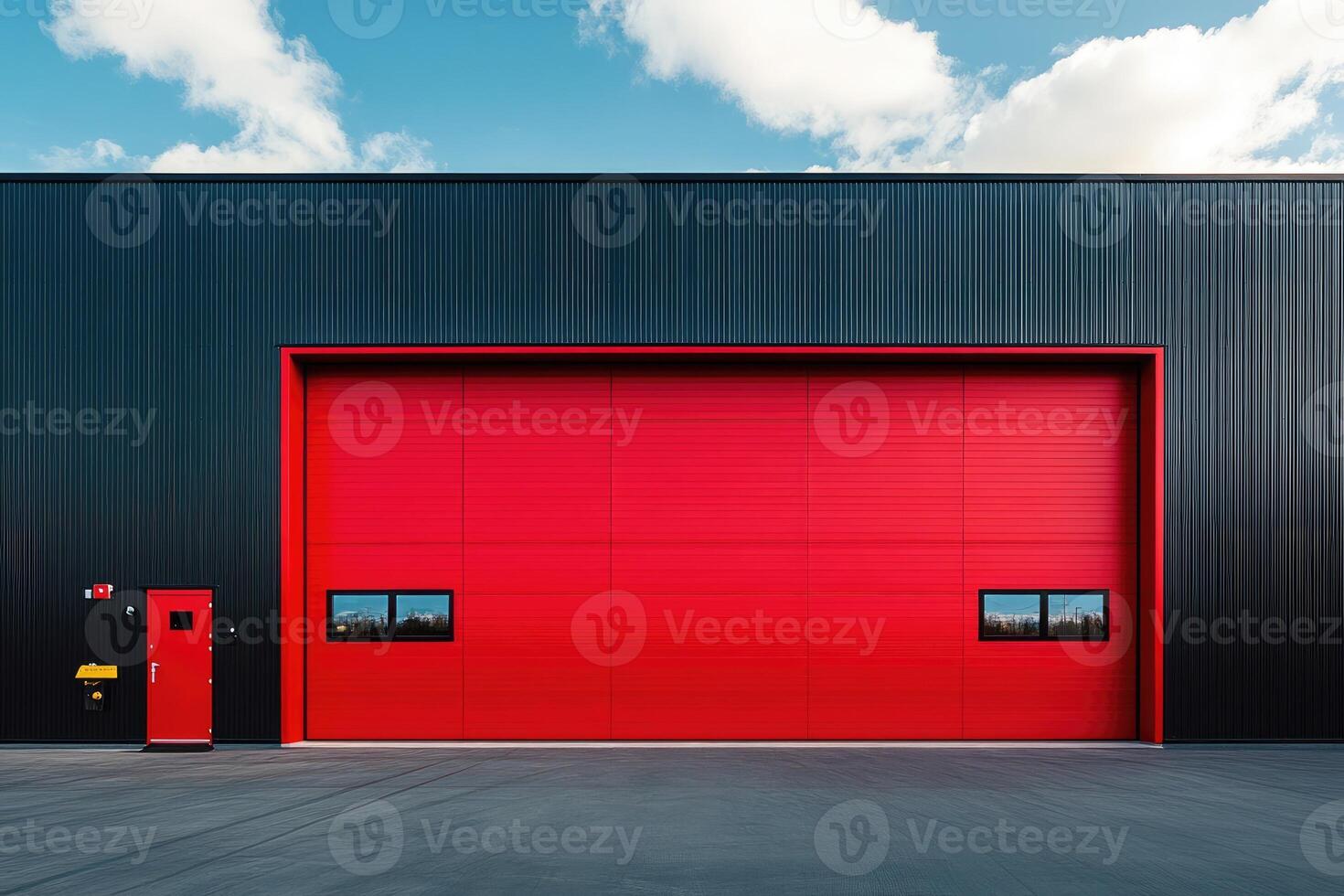 Red industrial building loading dock with closed shutter door and concrete pavement under cloudy sky photo