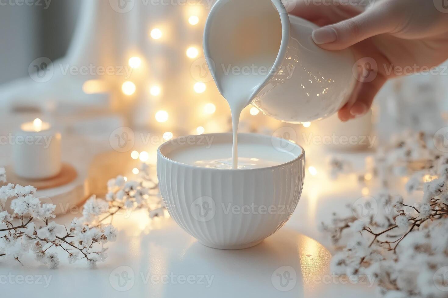 Woman pouring milk into bowl with candles and string lights creating cozy atmosphere photo