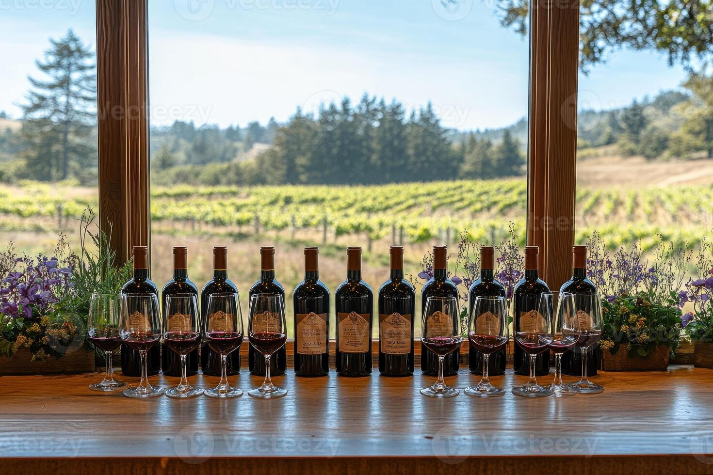 Wine tasting showing vineyard in background at winery photo