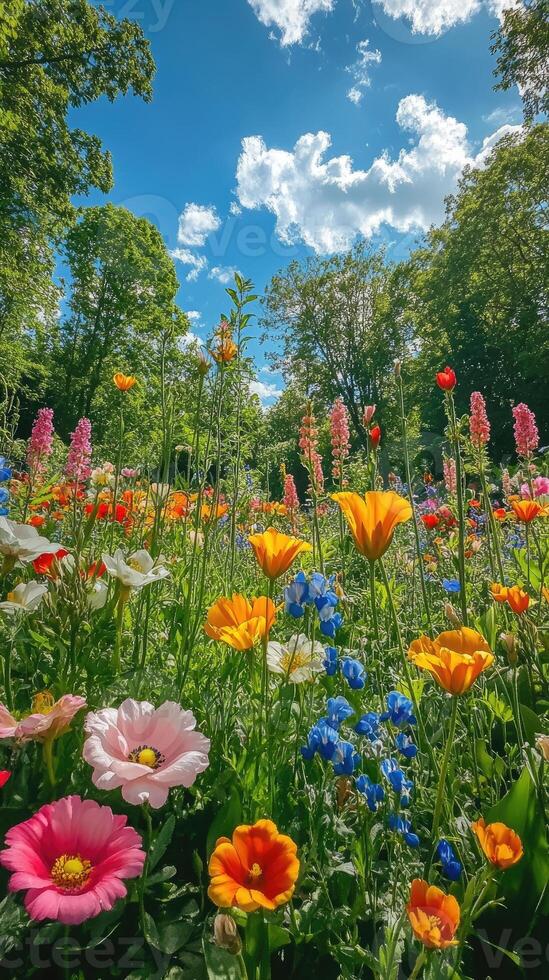 Beautiful colorful tulips blooming in spring botanical garden photo