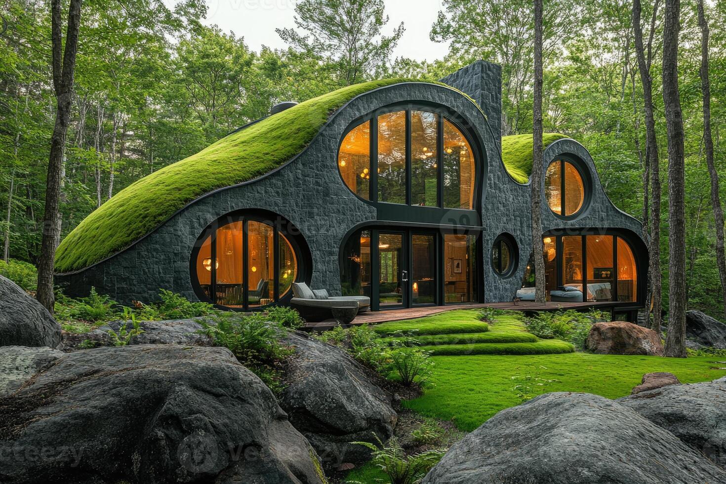 Mushroom house blending with nature in a forest photo