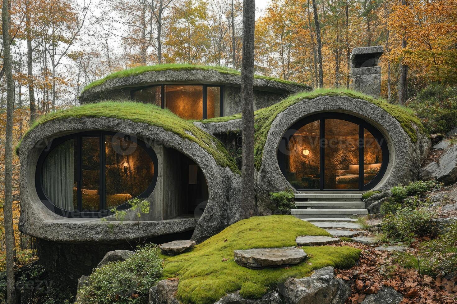 Futuristic sustainable concrete dome house blending with nature in a forest setting. photo
