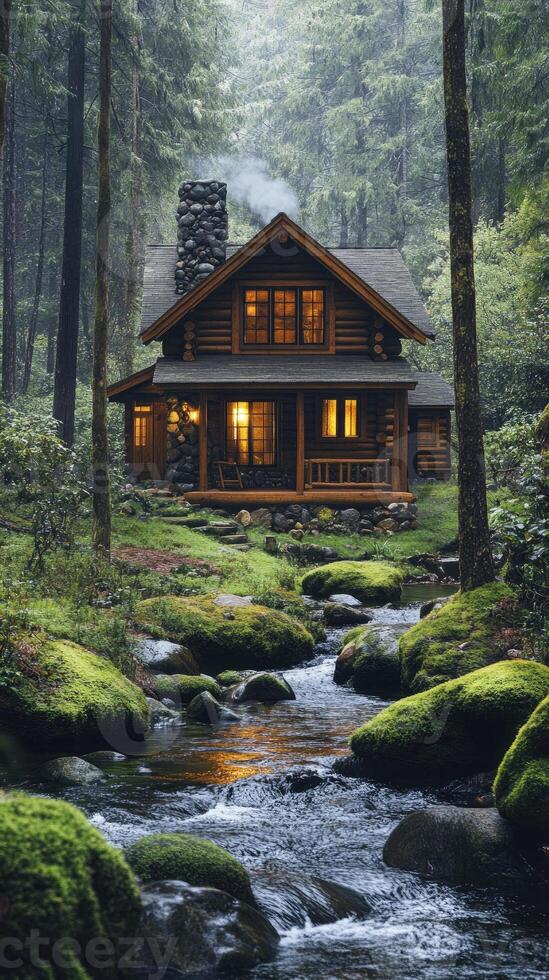 Cozy log cabin nestled in a lush forest with a flowing stream photo