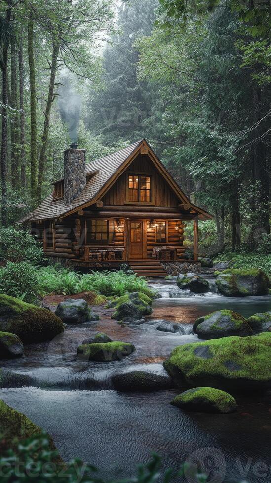 Cozy wooden cabin nestled in a peaceful forest by a stream photo