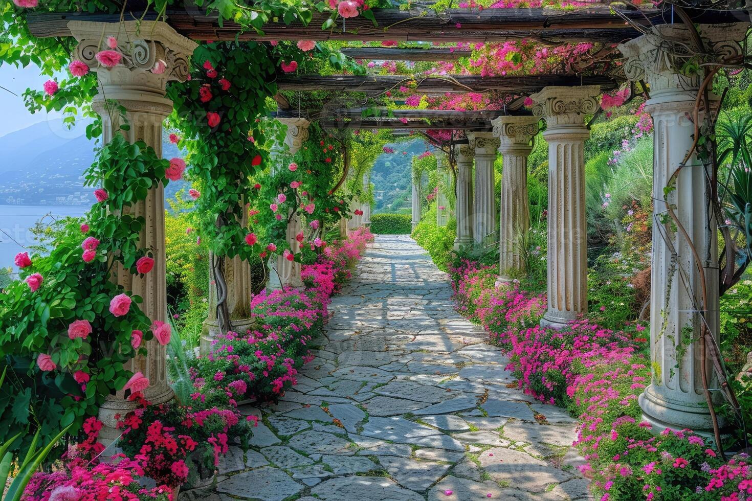 Blooming roses climbing stone columns in a picturesque italian garden photo