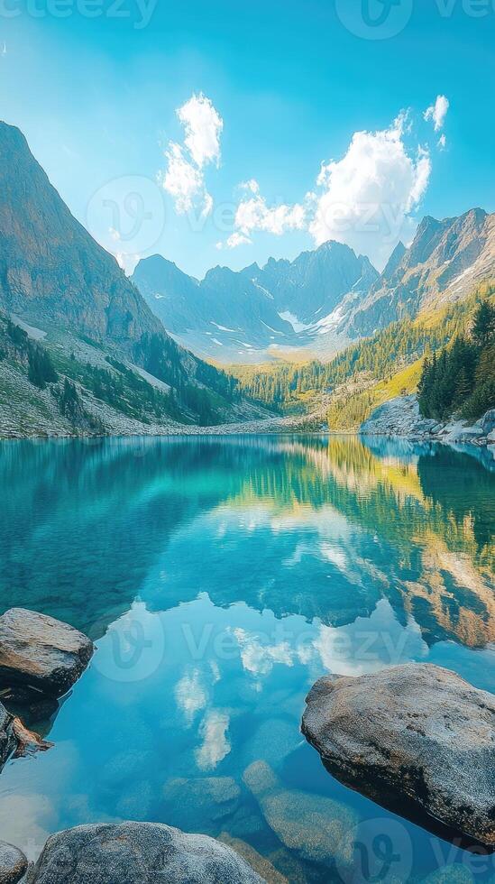 Crystal-clear alpine lake reflecting majestic mountains and sky photo