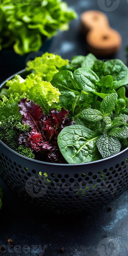 Fresh green and red baby leaves mix in a bowl for a healthy salad photo