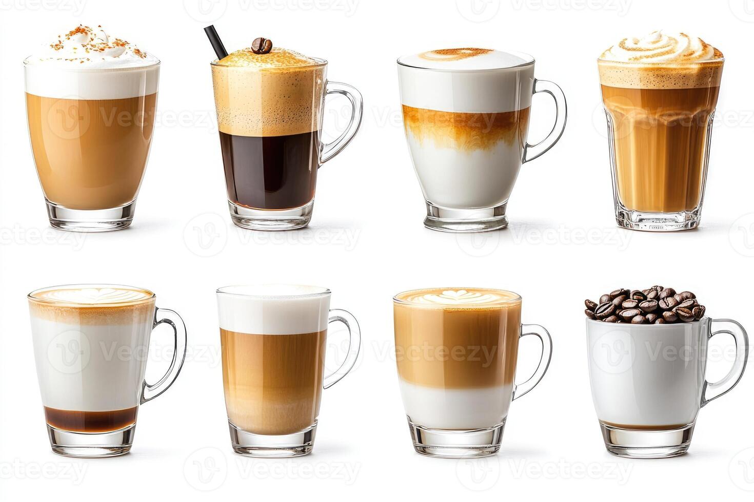 Eight glass cups containing different coffee drinks and coffee beans on white background photo