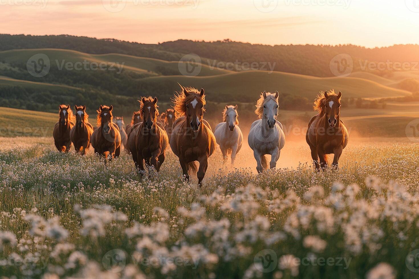 Herd of wild horses running through a flowery field at sunset photo