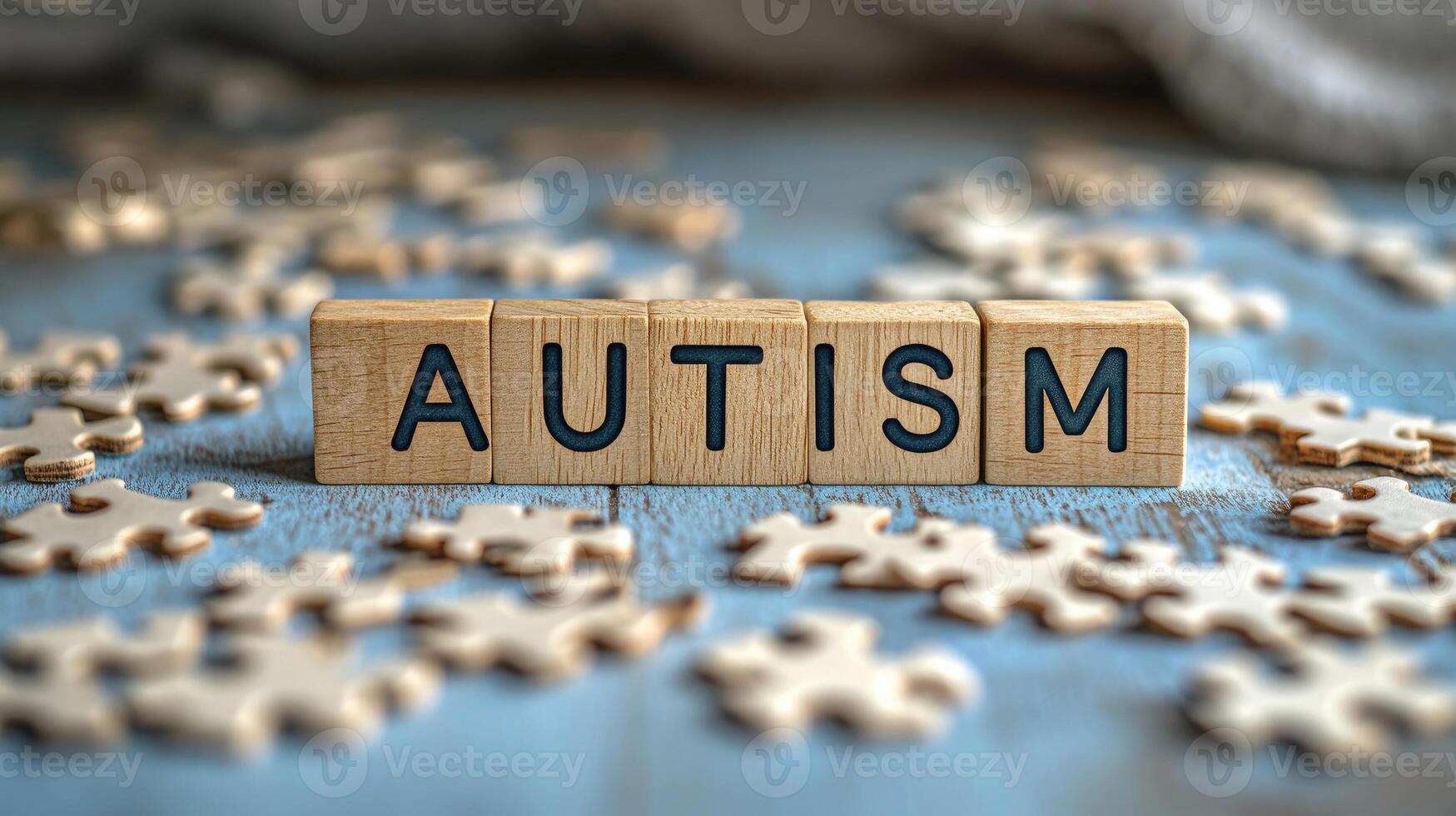 Autism word written with wooden cubes and puzzle pieces around photo