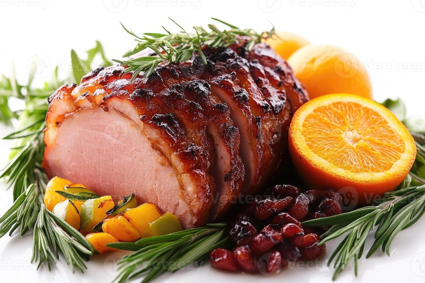 Sliced glazed ham decorated with rosemary and orange for christmas dinner. photo