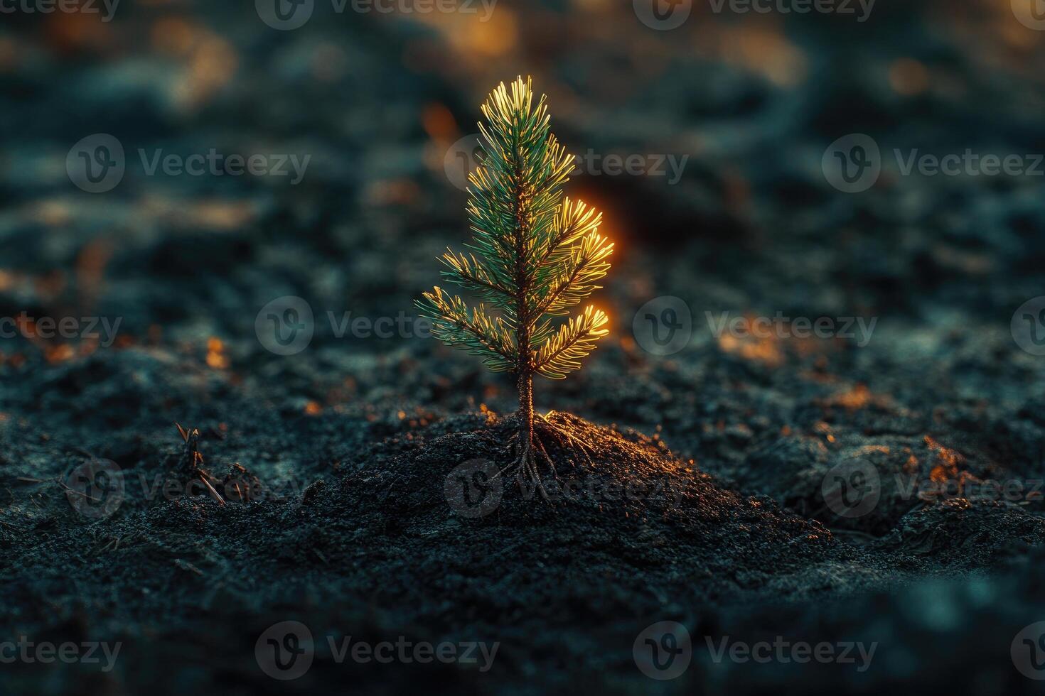 Small pine sapling growing in burned soil photo