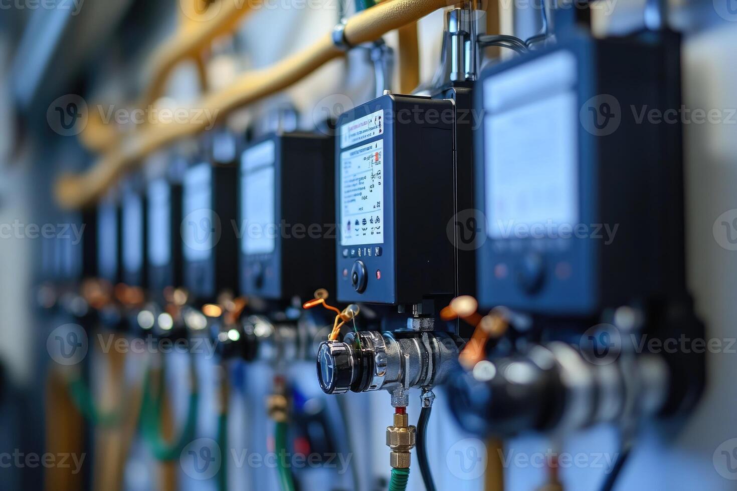 Row of smart electricity meters measuring power consumption photo