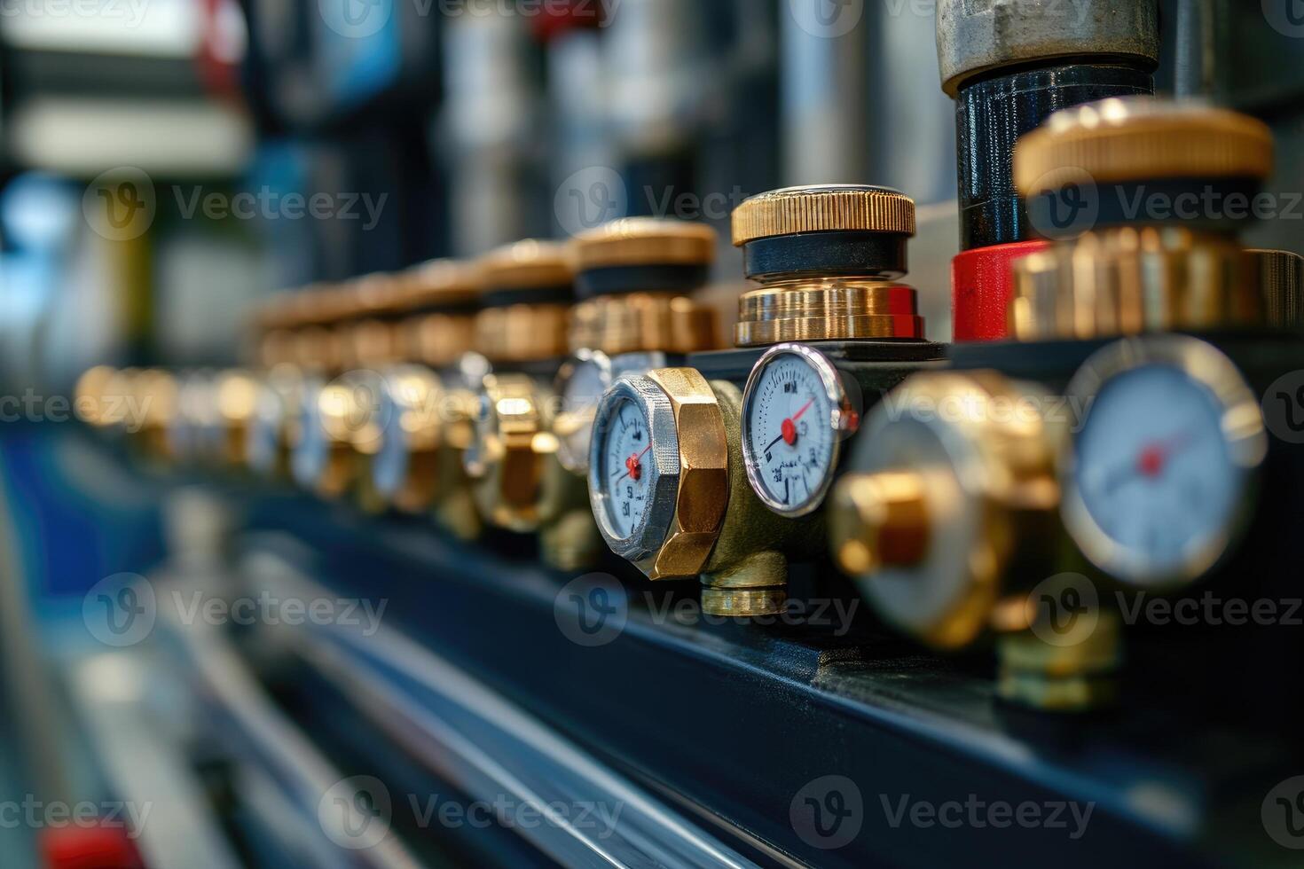 Pressure gauges and valves measuring pressure in industrial environment photo