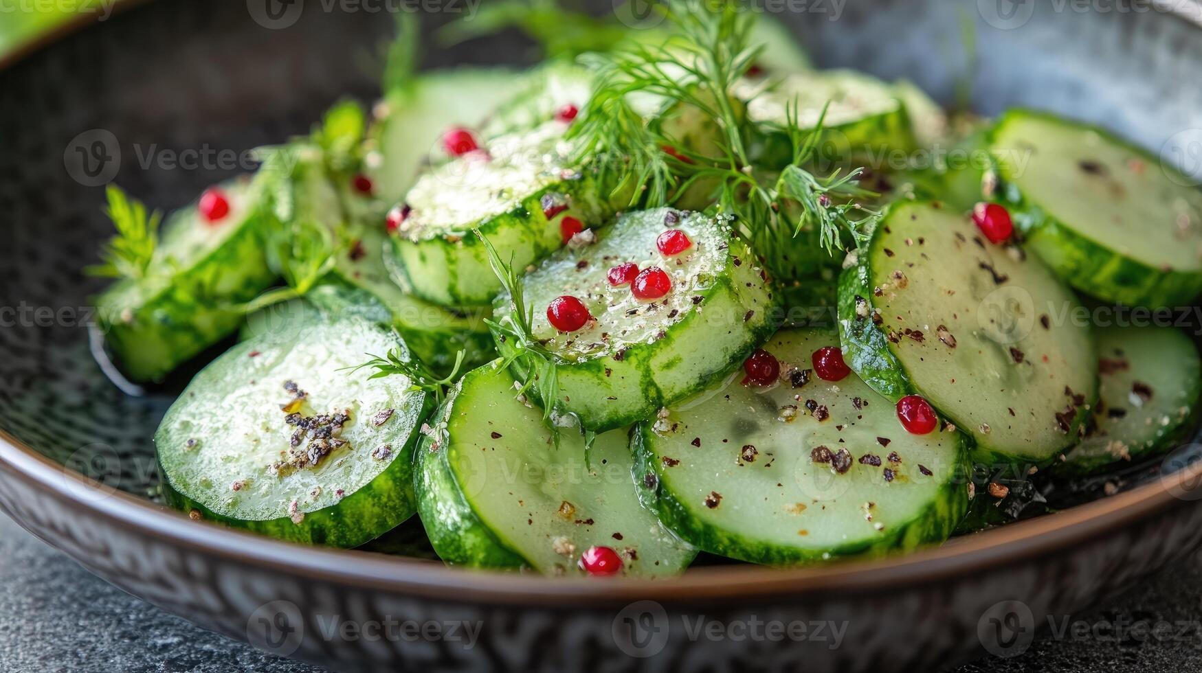 Sliced cucumbers with dill and pink peppercorns creating a refreshing salad photo