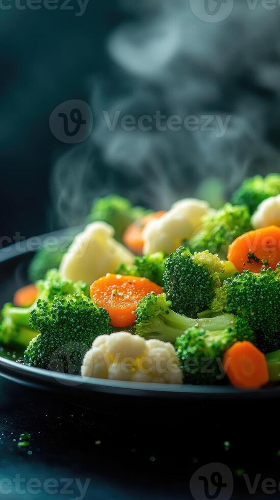 Steaming hot mixed vegetables of broccoli, cauliflower, and carrot in a bowl. photo