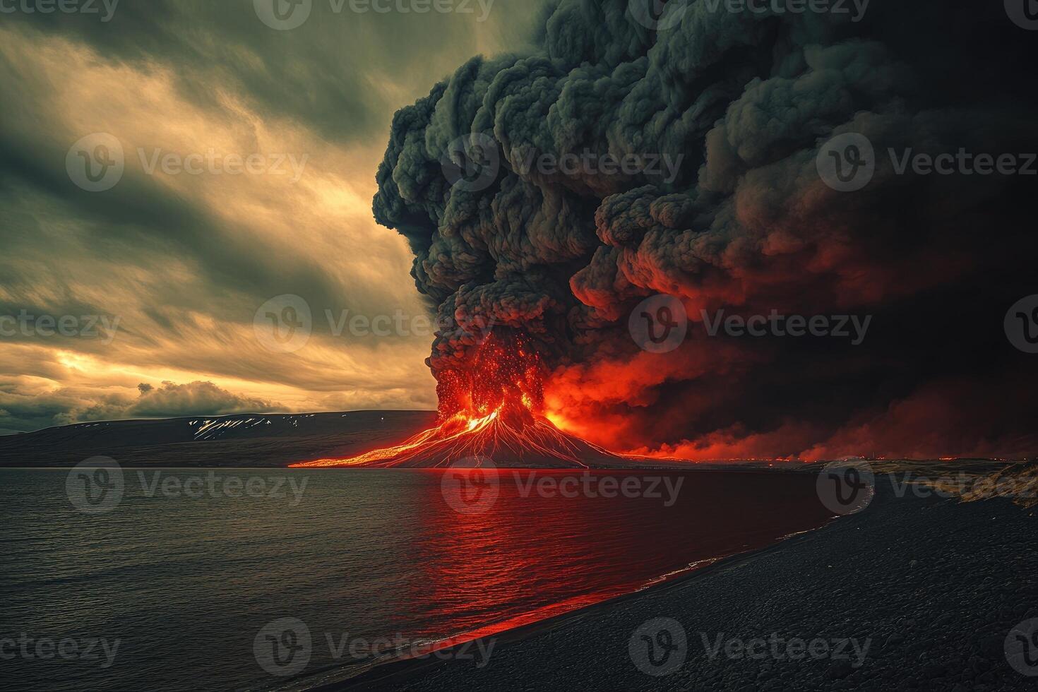 Volcano erupting over ocean with lava flowing into water creating dramatic clouds of smoke photo