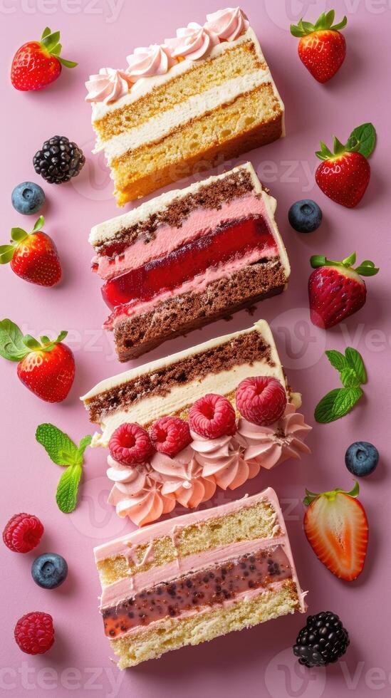 Delicious piece of cakes with fresh berries and whipped cream on pink background photo