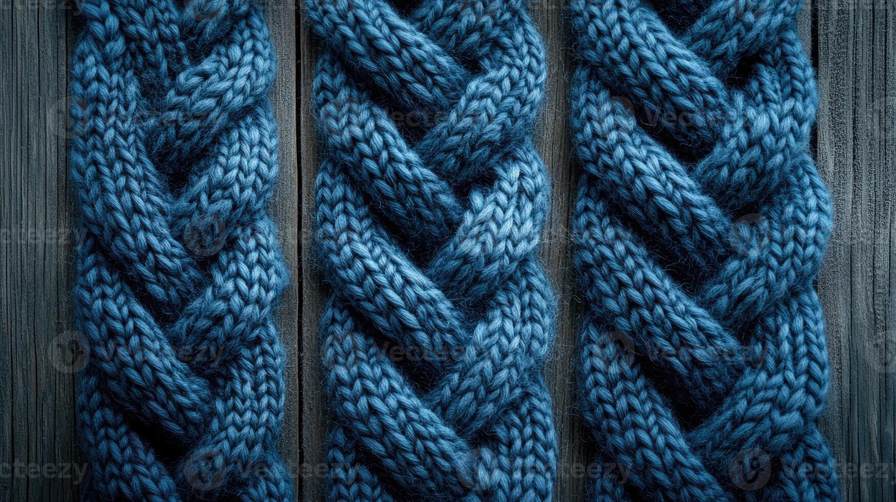 Knitted cable pattern on wooden background creating cozy winter texture photo