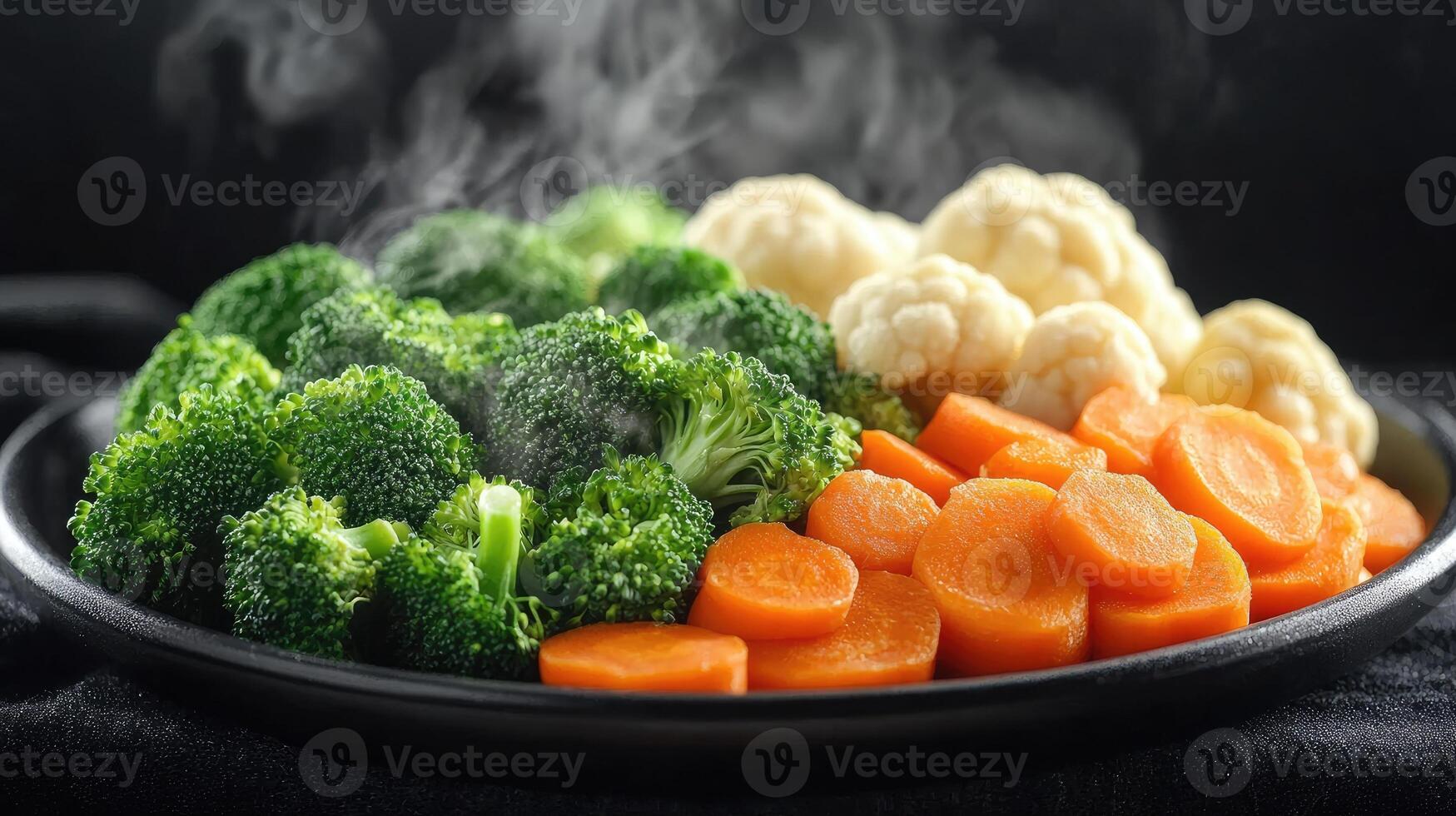 Steaming hot mixed vegetables of broccoli, carrots, and cauliflower . photo