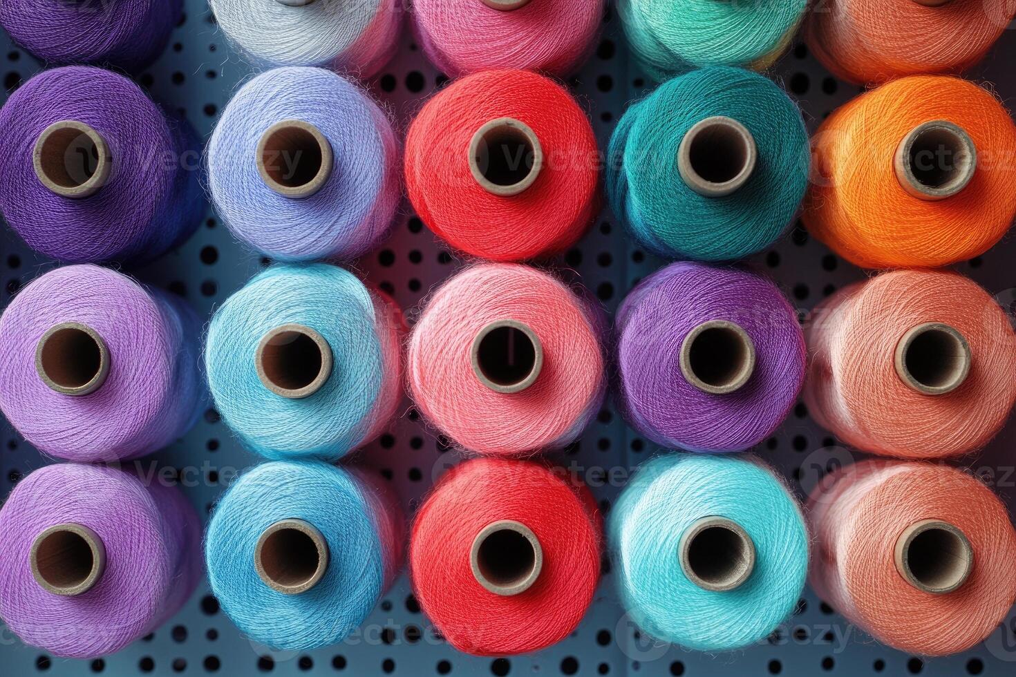 Vibrant yarn spools arranged on a pegboard, ready for various textile projects photo