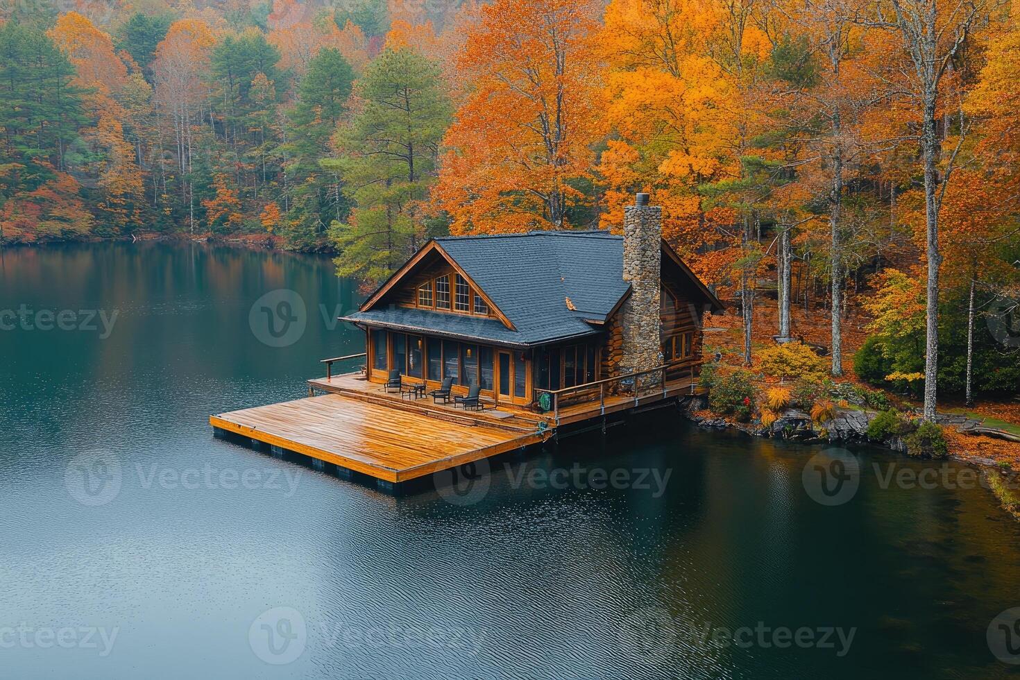 Luxurious lakefront cabin nestled in the autumn photo
