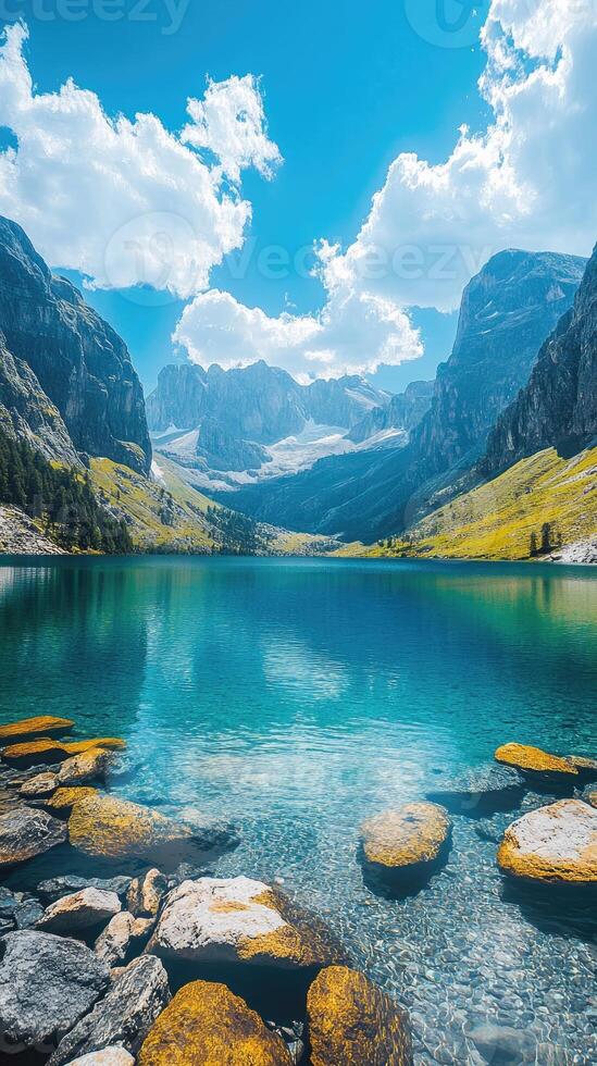 Crystal-clear alpine lake reflecting majestic mountains and sky. photo