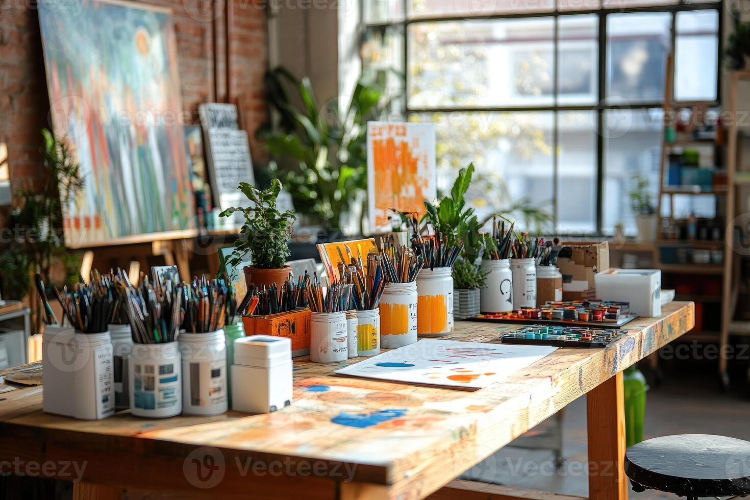 Painting brushes and supplies resting on artist's table in bright studio photo