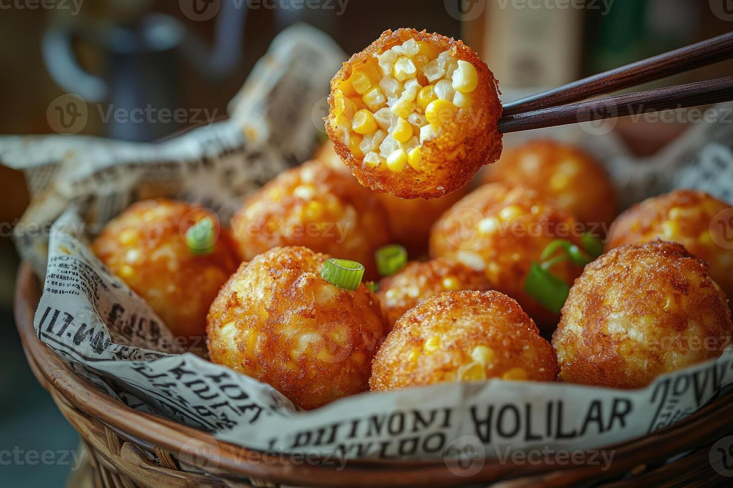 Chopsticks holding arancini rice ball with melted cheese and corn filling photo