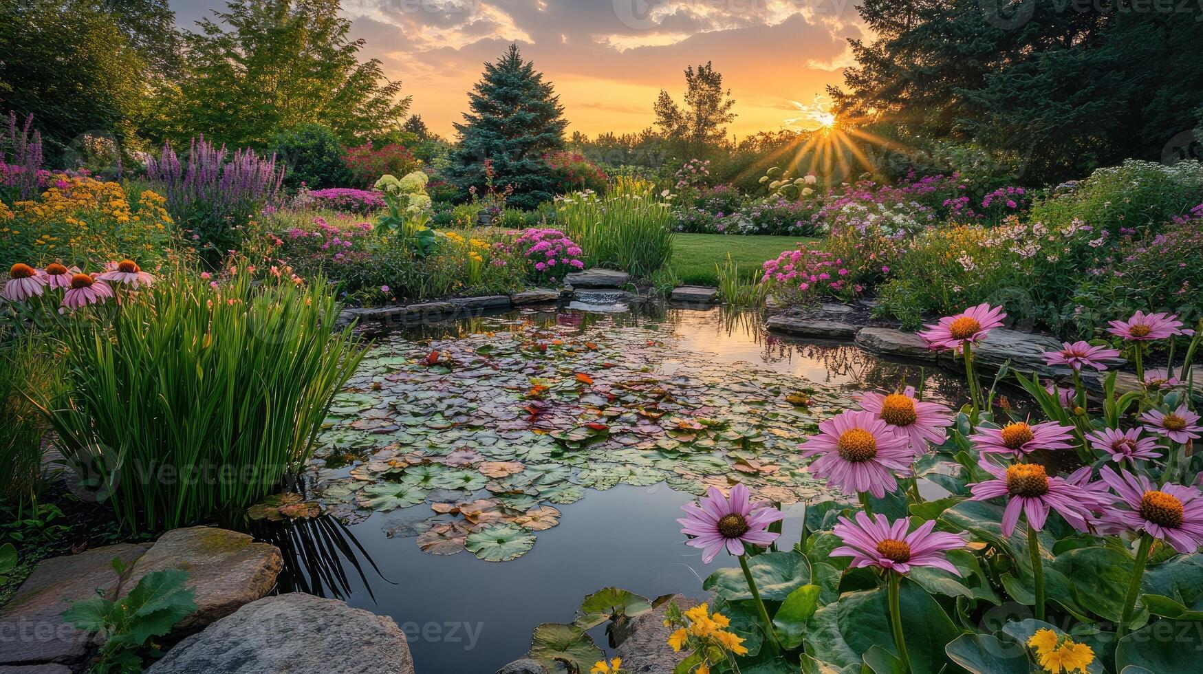 Beautiful pond with water lilies and flowers at sunset in a lush garden photo