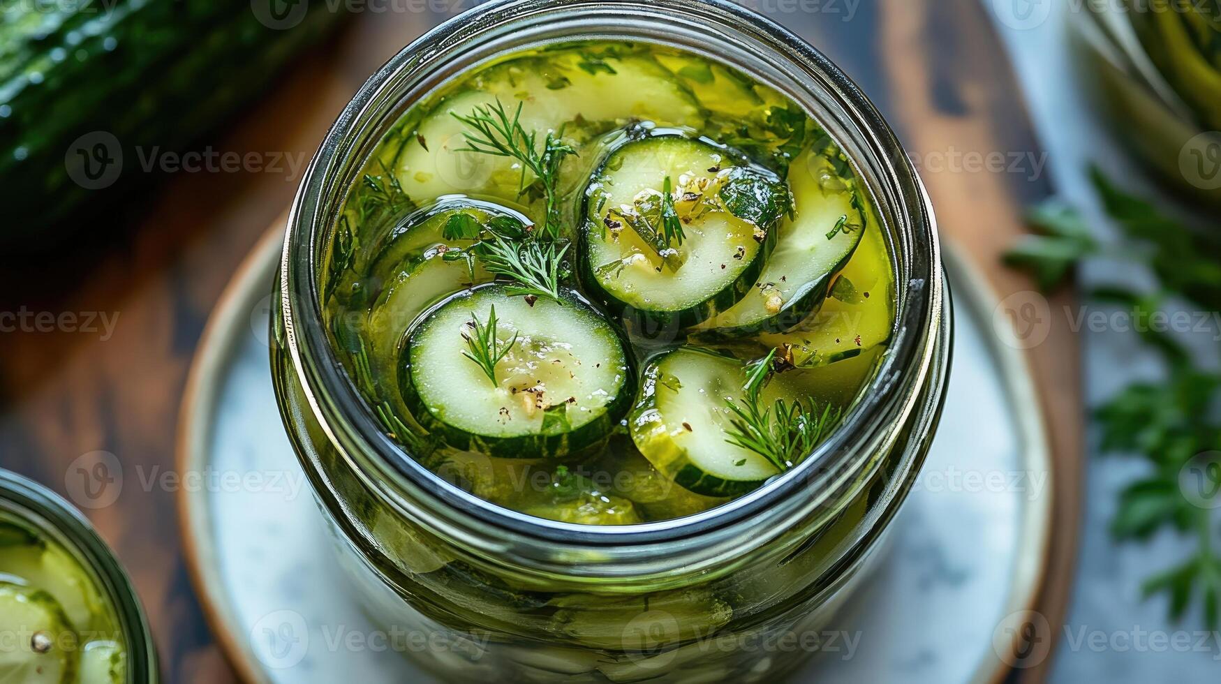 Pickled cucumber slices preserved in glass jar with dill and spices photo