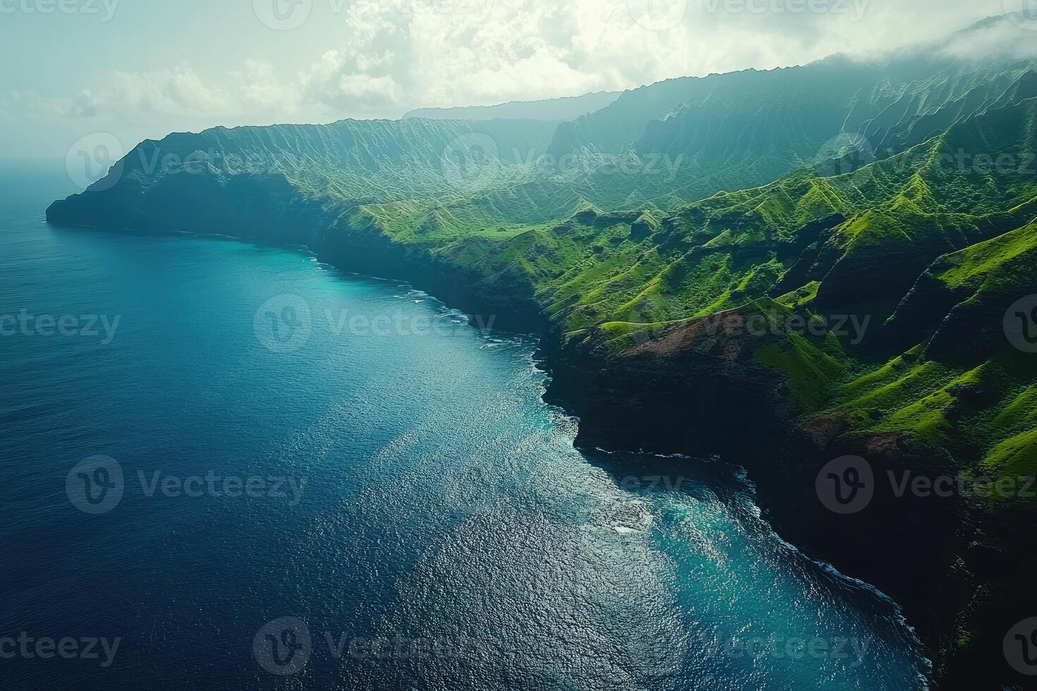 Na pali coast state wilderness park kauai hawaii showing lush green cliffs and pacific ocean photo