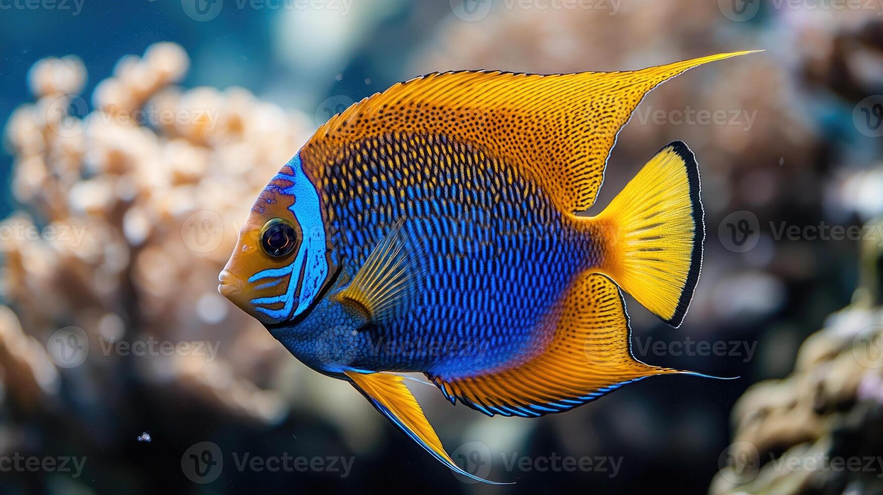 Majestic blue and gold angelfish swimming in coral reef aquarium photo