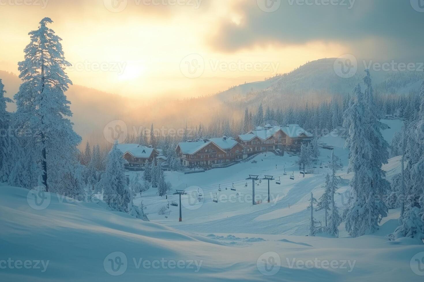 Golden sunrise illuminating snowy ski resort nestled in mountain valley photo