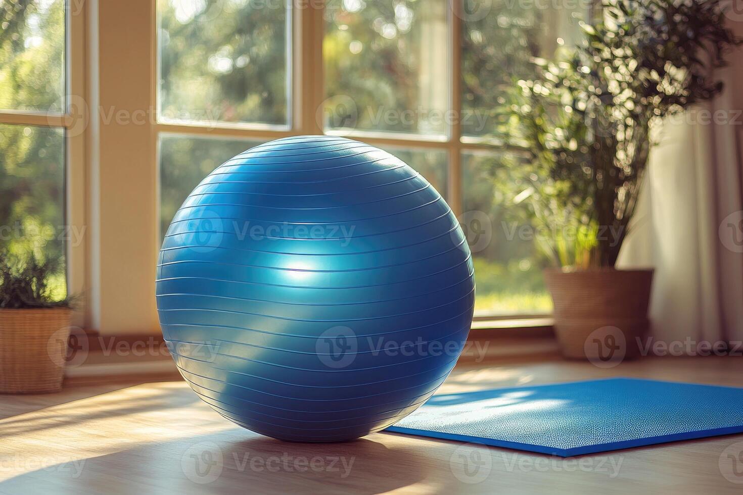 Blue fitness ball sitting on exercise mat in home gym, promoting health and wellness photo