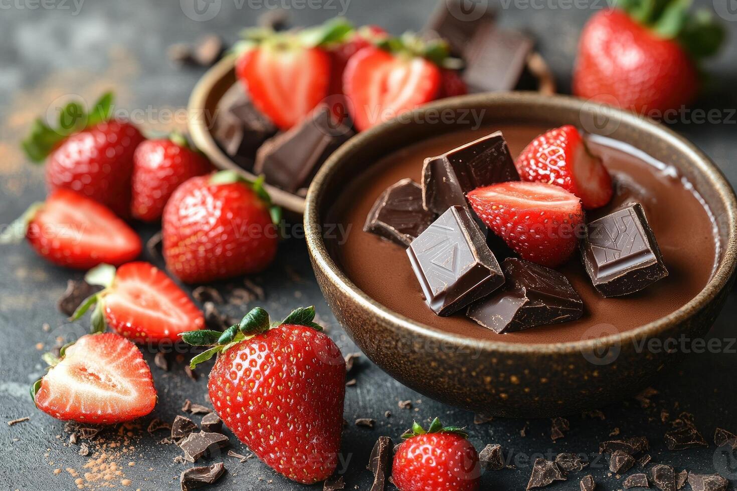 Chocolate mousse decorated with fresh strawberries photo