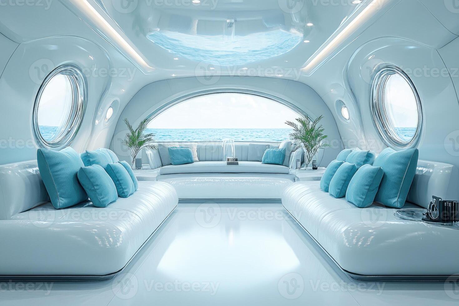 Futuristic underwater luxury yacht interior showing ocean view photo