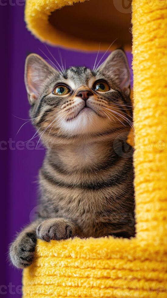Curious kitten observing from yellow cat tree on purple background photo