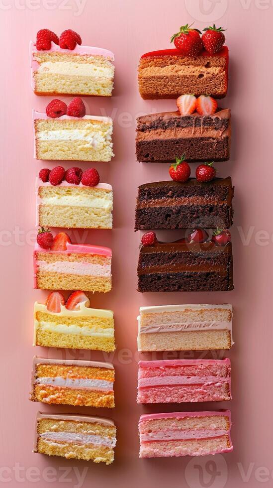Delicious cake slices displayed on pink background, tempting pastry selection photo