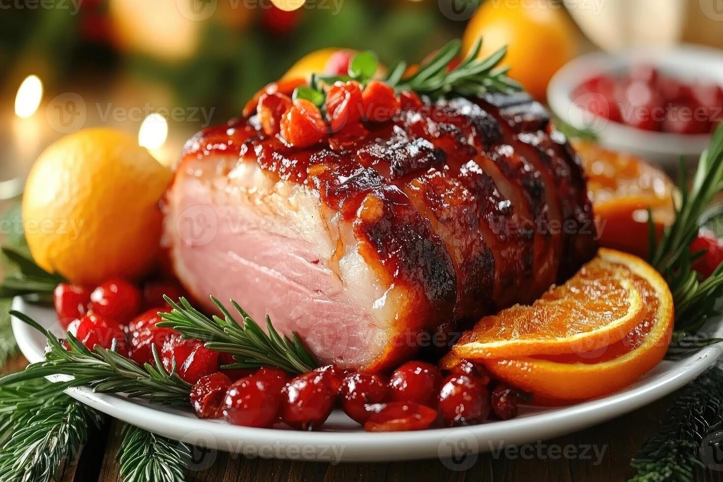 Sliced glazed ham decorated with rosemary photo