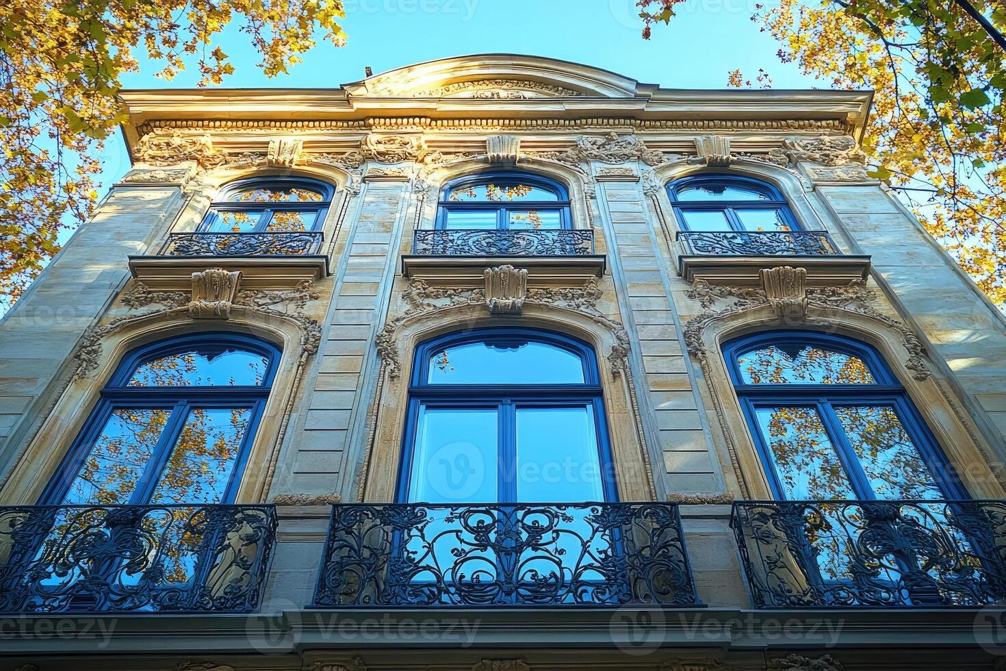 Elegant stone building with ornate details and blue windows reflecting autumn trees photo