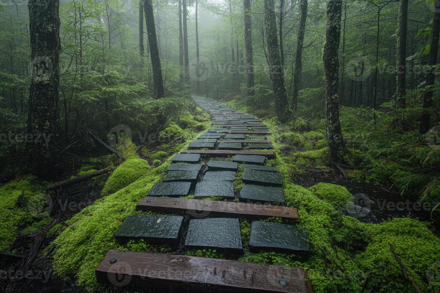 Stone path winding through lush green forest in the fog photo