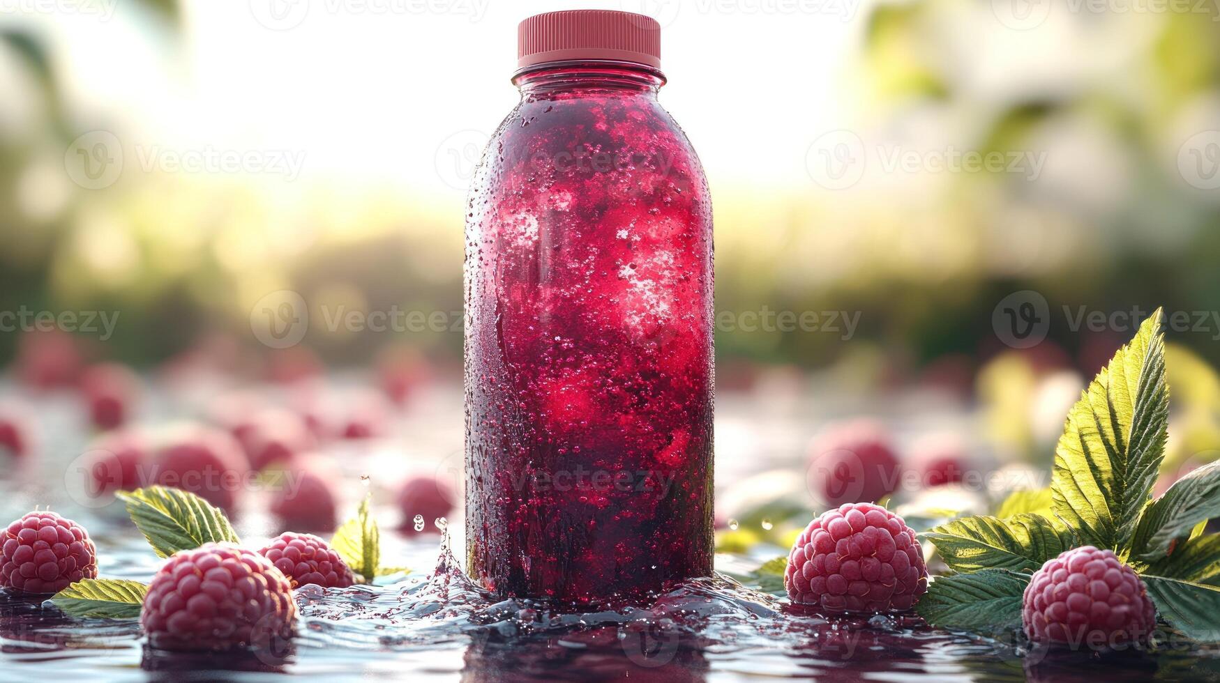 A raspberry drink sits amidst fresh berries and leaves in warm sunlight photo